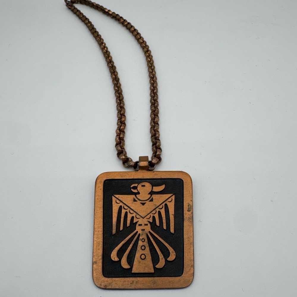 Native American Copper Thunderbird Pendant Necklace 15" Chain